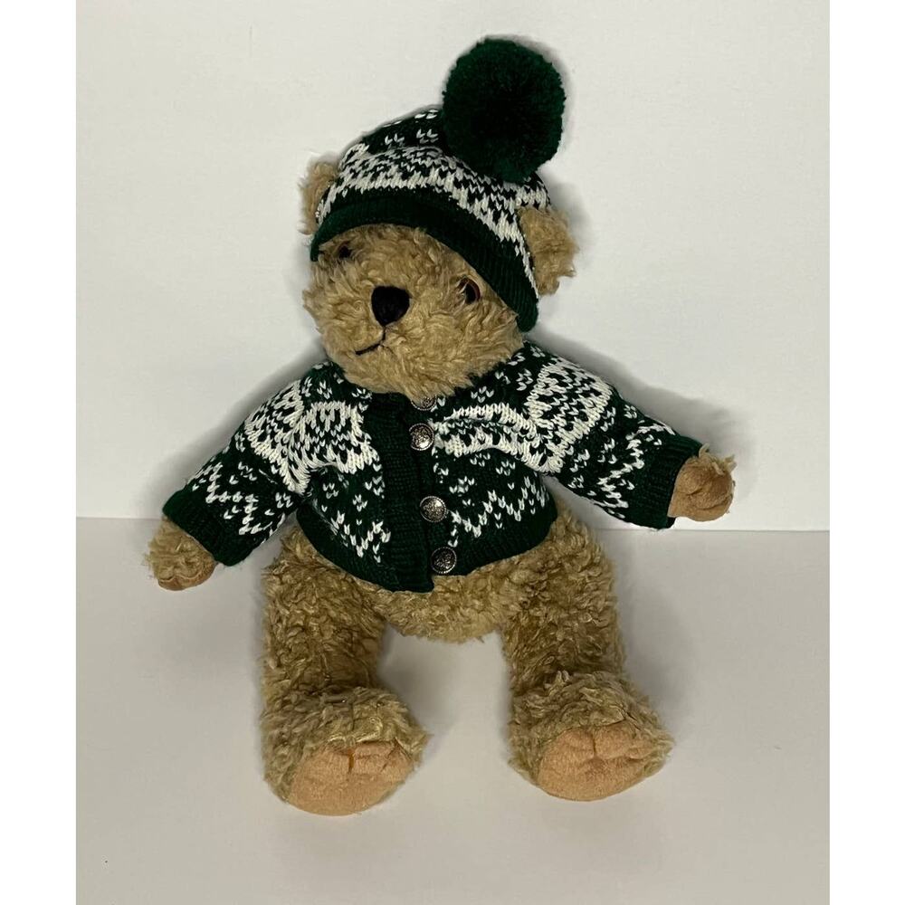 Stuffed Plush Green Winter Sweater Brown Bear 14" Jointed Limbs